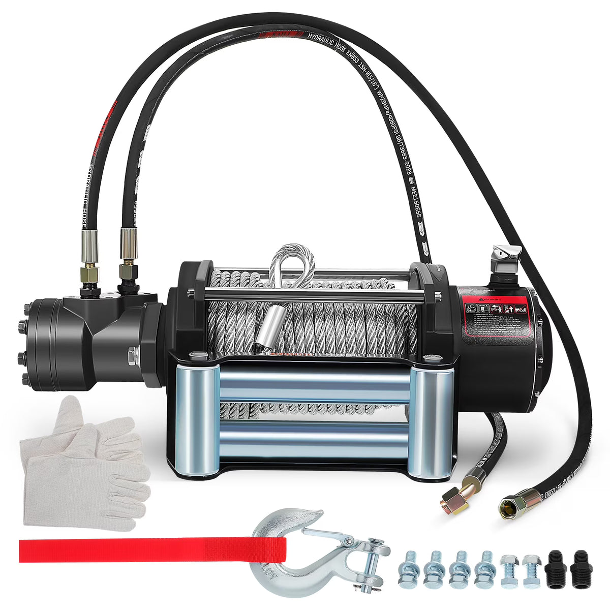 SHINEOFI Hydraulic Winch 15000LBS, BMR80 Hydraulic Motor with 36:1 Gear Ratio, 2/5" x 78FT Steel Cable Winch for Trailers & Vehicle Recovery Fuel Hoses & Slip Hook Included