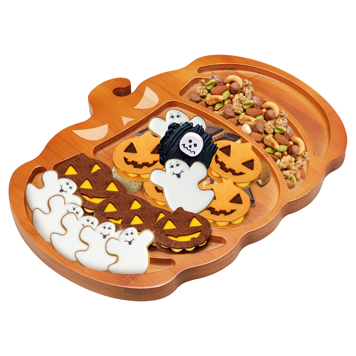 SHINEOFI Pumpkin Shaped Bamboo Serving Tray Wooden Charcuterie Board for Thanksgiving Halloween Multipurpose Food Fruit Drink Platter Kitchen Home Decor