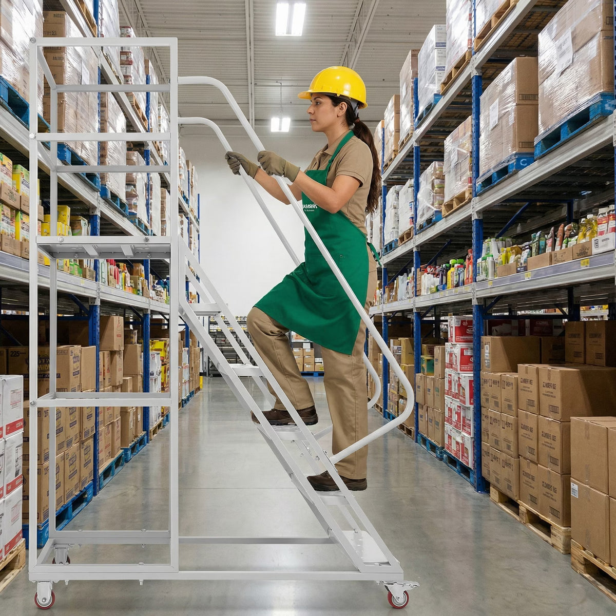 SHINEOFI 6 Step Rolling Ladder Industrial Warehouse 1200 LBS Capacity Non-Slip White