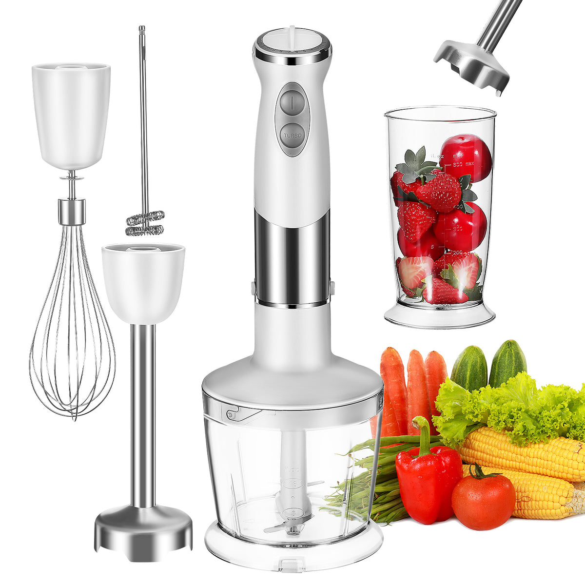 SHINEOFI White 5-in-1 Hand Blender Set ¨C Electric Mixer Chopper Whisk Milk Frother for Soups, Sauces & Smoothies, US Plug