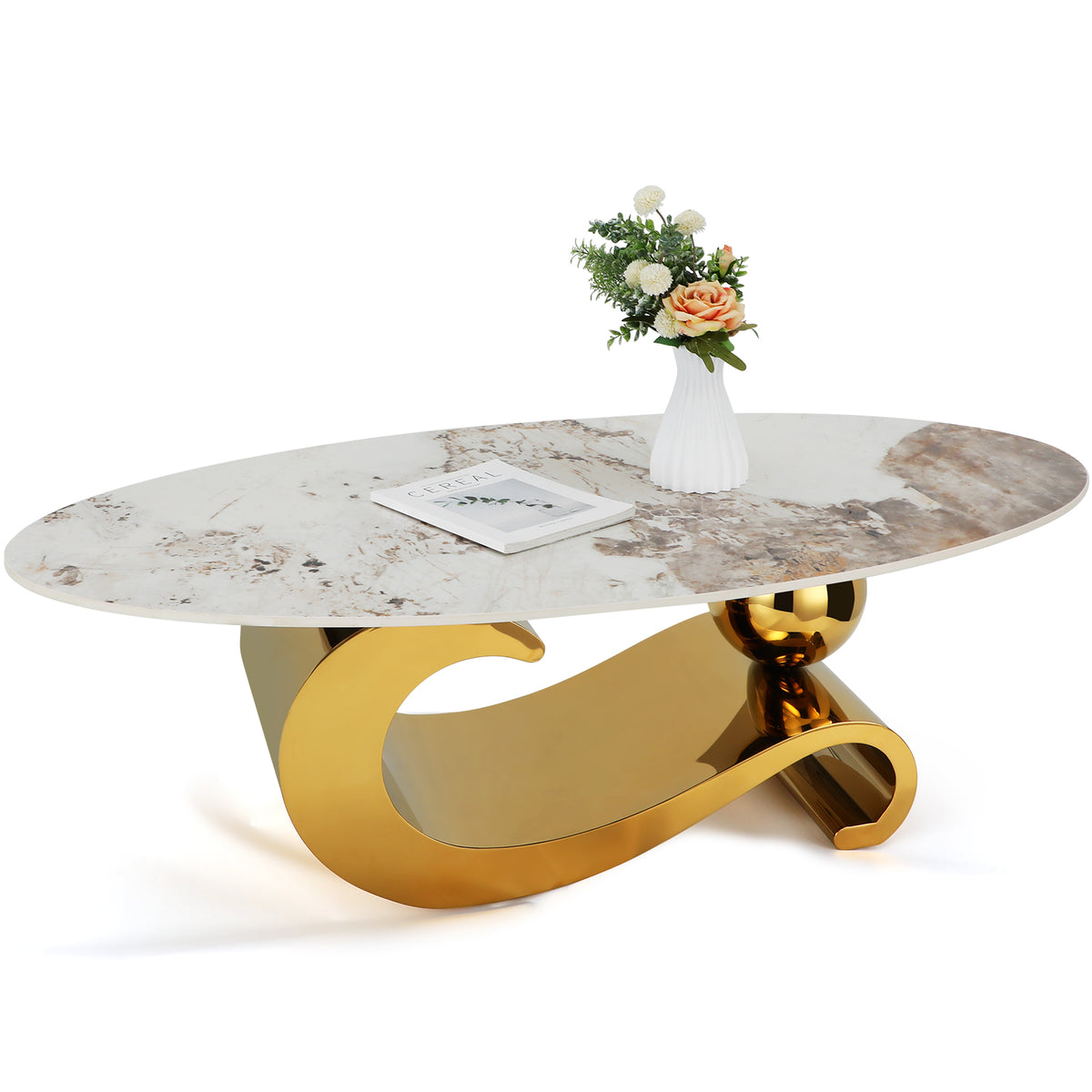 SHINEOFI White Coffee Table with Marble Top for Living Room,Oval Coffee Table with Modern Center Table for Office Home