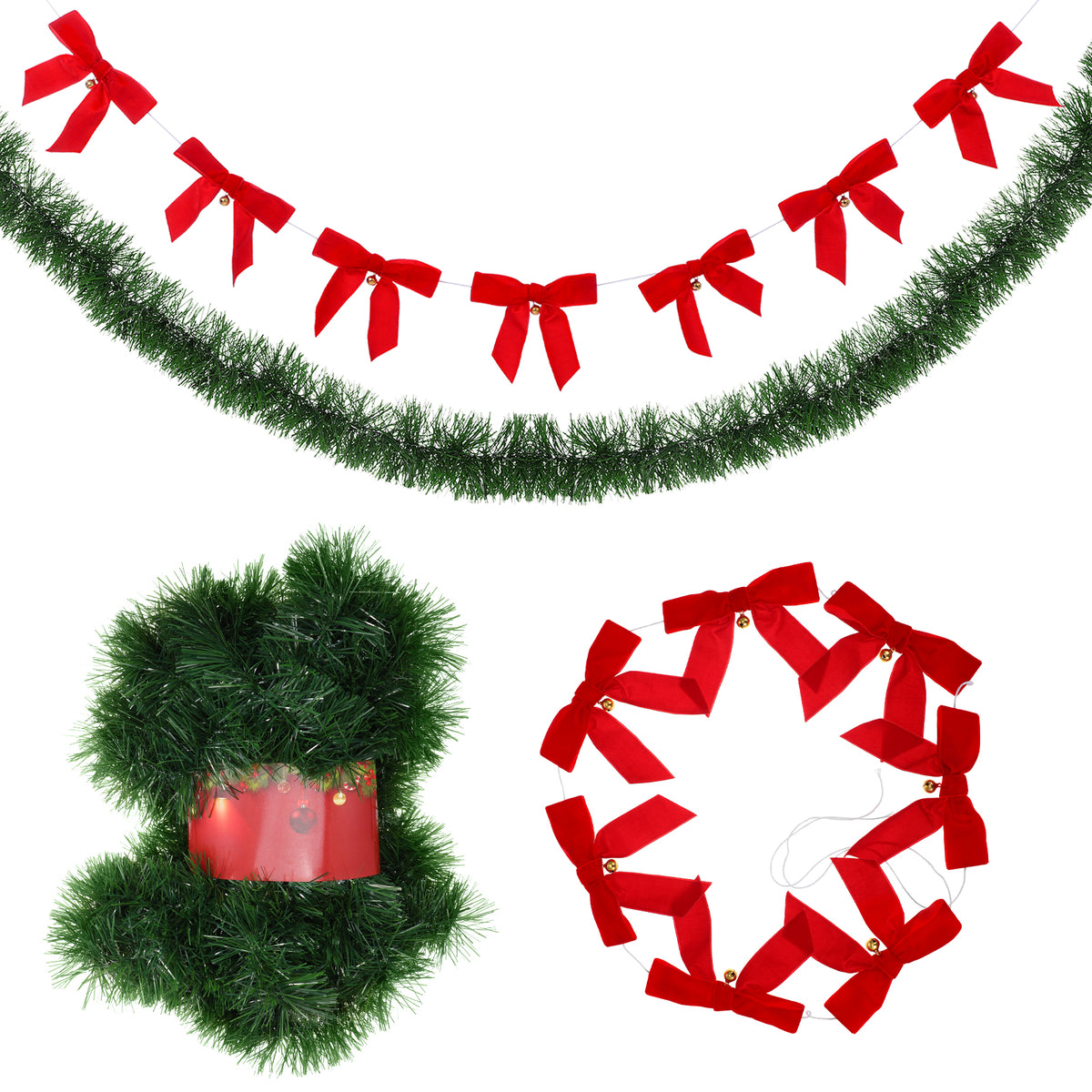 SHINEOFI 50ft Christmas Garland Artificial Pine Garland Set,7 Pre-Attached Velvet Bows & Bells, Christmas Decorations Indoor/Outdoor