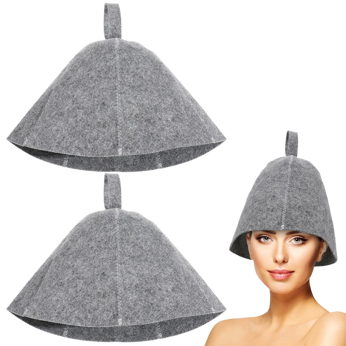 SHINEOFI 2Pcs Felt Sauna Hat ¨C Thickened, Breathable & Comfortable Shower Cap for Indoor Sauna, Lightweight Bathing Cap with Hanging Ring