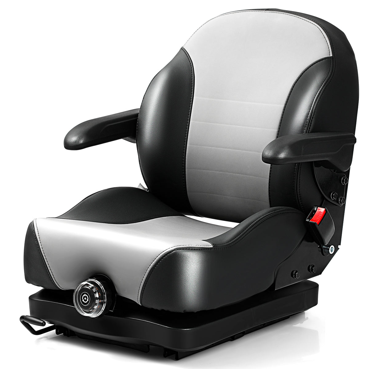 SHINEOFI Heavy Duty Suspension Seat with Adjustable Slide Rails, Armrests, Retractable Seatbelt, Gravity Switch for Mowers, Tractors, Excavators